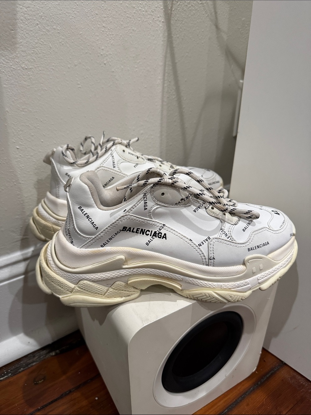 Balenciaga White and Cream Triple S Logo Chunky Sneakers